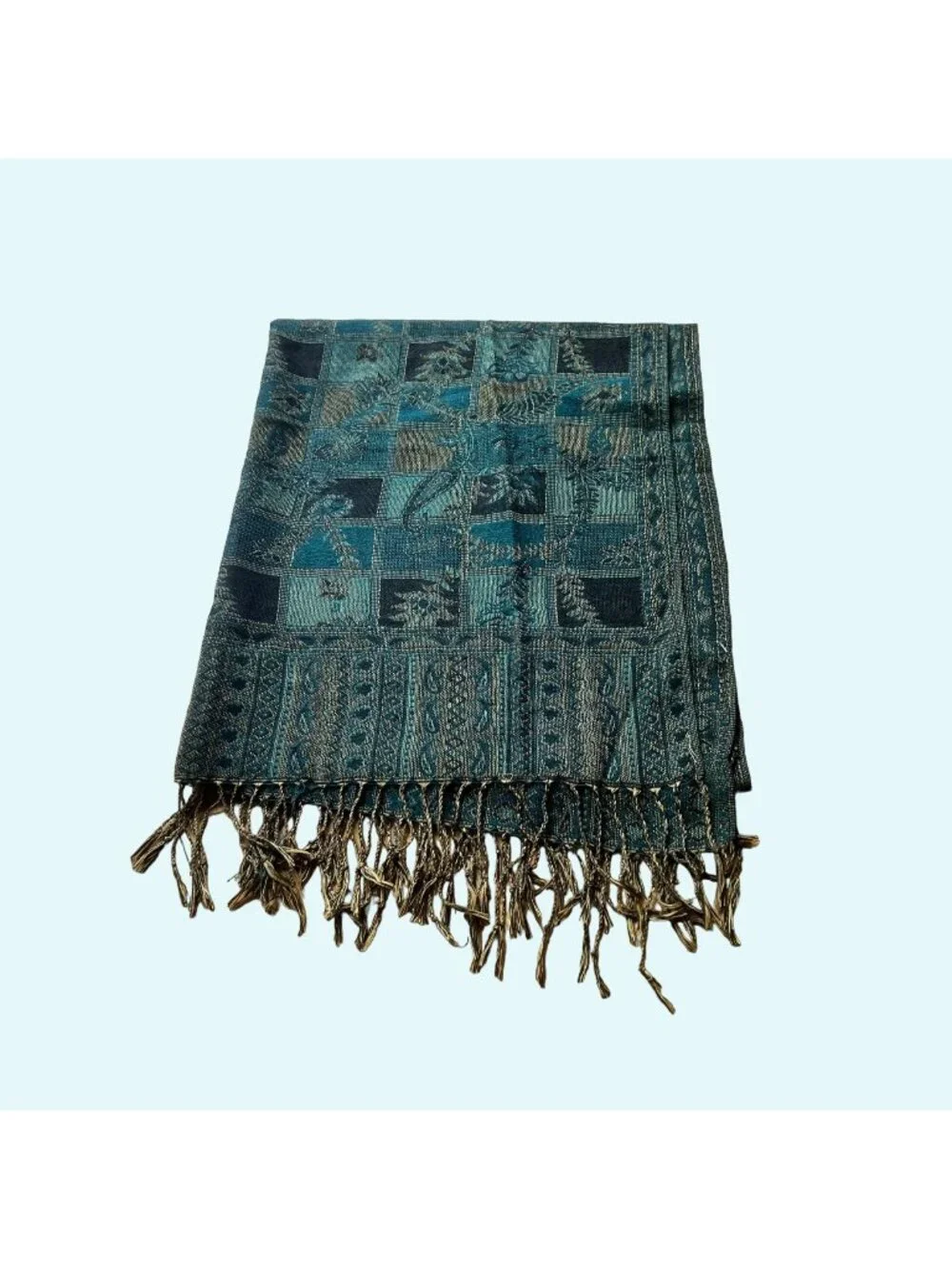 Boho Geometric Fringed Green Black Beige Scarf Size 72